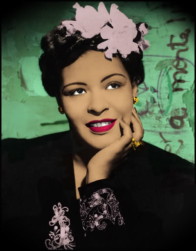 ZP_Billie Holiday_foto colorizada de la década 30_ Billie Holiday in a colourized black and white photo from the late 1930s
