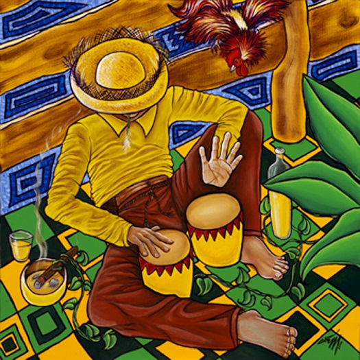 ZP_The Rooster Dances to My Bongo Beat_El Gallo Baila Con Mi Bongo_painting by_pintura de_George Rodez