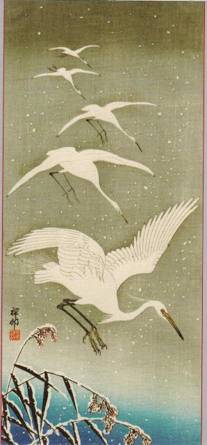 ZP_Five Egrets Descending in Snow_Japanese woodblock print by Ohara Koson,1878-1945