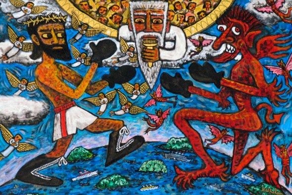 ZP_Champion of the World_2011 painting copyright Brian Whelan_Christ on the left Beelzebub on the right and God the referee up top