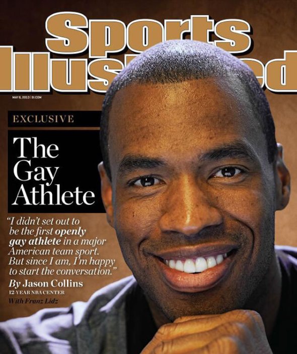 ZP_NBA basketball player Jason Collins on the cover of Sports Illustrated Magazine in May 2013.  In April, Collins "came out".  He is the first active player in North-American professional sports to do so - and in one of the most homophobic sports - basketball.  Only hockey is more homophobic - but one day.....