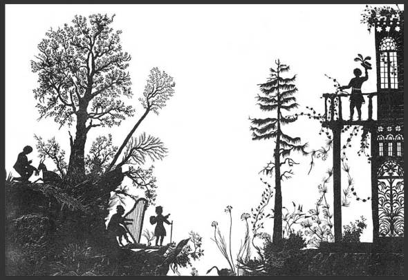 ZP_Rosa Maria Assing_Märchenlandschan mit Altan_a silhouette scene_paper cutout_made by the poet in 1830