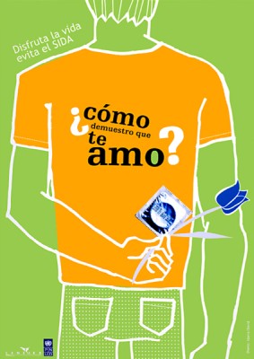 Safe sex poster from Cuba_The Spanish reads:  Enjoy Life, Avoid AIDS._How do I show that I love you?  (With a flower AND a condom.)