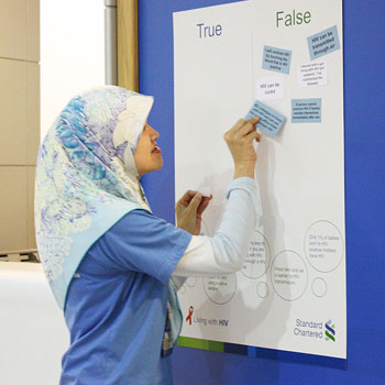 Standard Chartered Bank in Brunei Darussalam on the island of Borneo conducted a Living With HIV morning huddle with its staff. True or False statement cards were used to test staff’s knowledge of HIV facts_October 2013