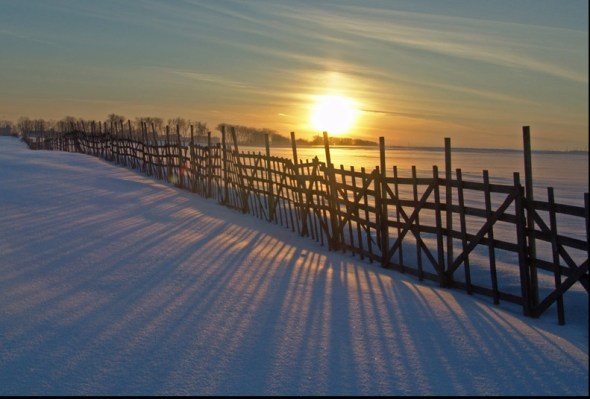 The sun setting in winter