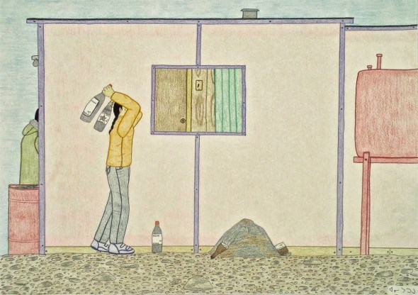 Annie Pootoogook_Memory of My Life_Breaking Bottles_ink and pencil crayon on paper_2002