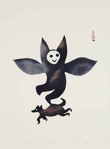 Eegyvudluk Pootoogook_Spirit in Flight with Dog_Stonecut_1961