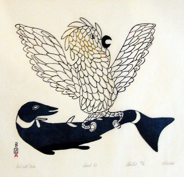 Pitseolak Ashoona_Owl with Fish_stonecut_1968