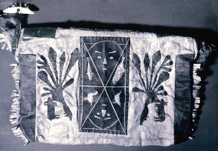 The sealskin bag made by Kenojuak in 1958 and from which she drew the inspiration for her first print_Rabbit Eating Seaweed