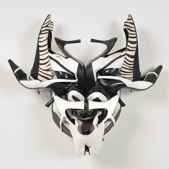 Willie Cole_Zebra-town Mask_a sculpture in shoes