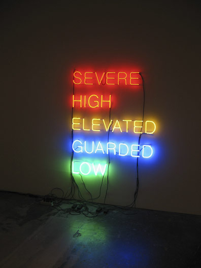 A Ron Terada neon word sculpture that comments on Homeland Security in the USA