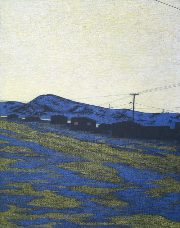 Itee Pootoogook_The ground is wet for it's been raining during the night...It is early fall and it's early morning_pencil crayon on paper_2010