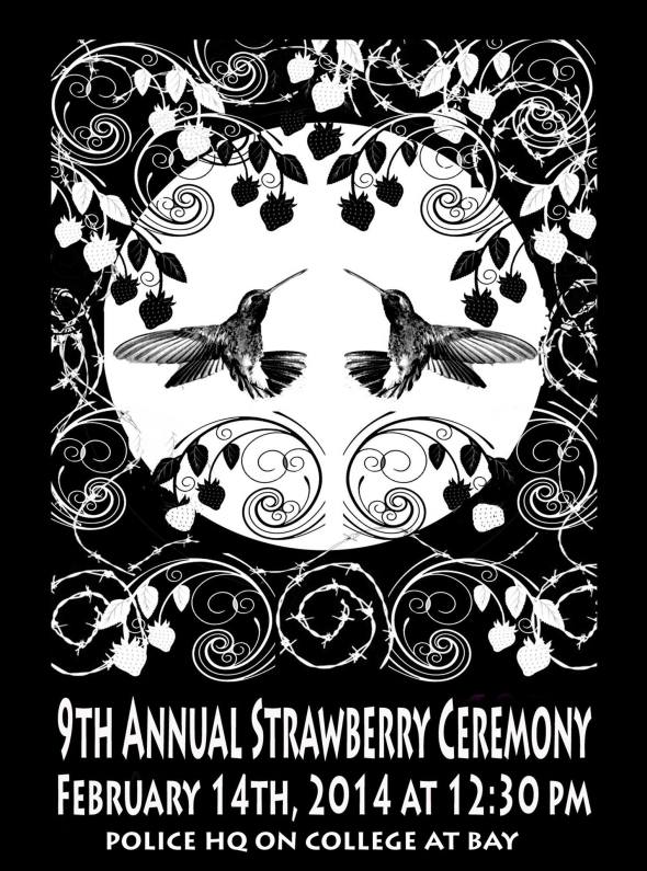 Ceremonia de Fresa (“Baya de Corazón”) por Las Mujeres Indígenas – Desaparecidas o Matadas – en Canadá_Lugar: en frente de la sede central de policía en Toronto_14 de febrero, 2014_Strawberry Ceremony 2014_For Missing or Murdered Aboriginal Women in Canada_Toronto, Canada