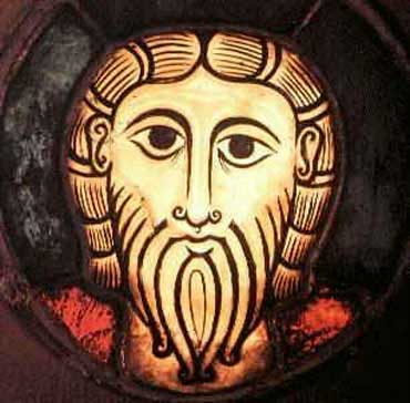 An old stained glass image of a Celtic Christ