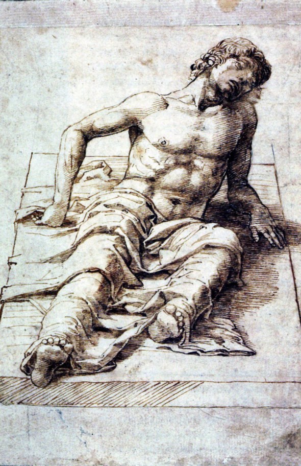 Andrea Mantegna_Study for a Christ_1480s_Tertia die resurrexit a mortuis, ascendit ad caelos, sedet ad dexteram Patris omnipotentis. Inde venturus est iudicare vivos et mortuos._On the third day He rose again from the dead, He ascended into heaven, and sitteth on the right hand of God the Father Almighty. From thence He shall come to judge the quick and the dead. 