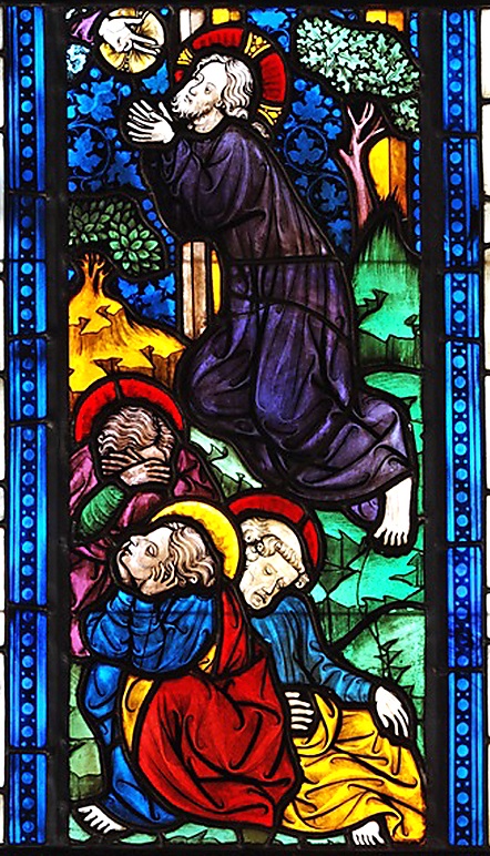 La Agonía en el huerto de Getsemaní_The Agony in the Garden_Jesus at Gethsamane praying while His disciples sleep_a stained glass window from Ebreichsdorf chapel in Austria_1390s