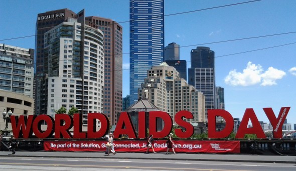 Melbourne Australia_World AIDS Day street sign on the St.Kilda Road bridge over the Yarra River_November 30th 2014