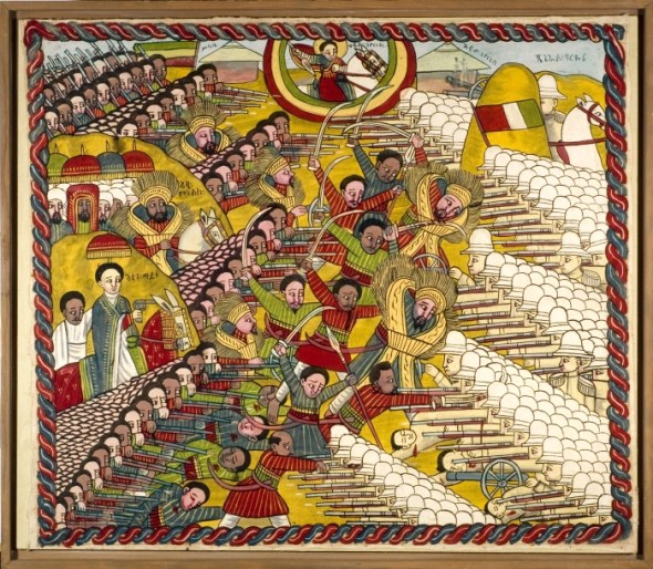 The Battle of Adwa  fought in 1896 was the climactic confrontation of the First Italo-Ethiopian War, and it secured Ethiopian sovereignty. Painting from the collection of the Tropenmuseum in The Netherlands_Una representación de la victoria etíope contra los italianos en la Batalla de Adwa (1896). El imperio de Etiopía quedó independiente durante la era de dominio européo en África; este hecho histórico fue de suma importancia al nacimiento de un movimiento afro-caribeño cuasi-bíblico: el Rastafarianismo.  Robert Nesta Marley permanece el “Rasta”  más famoso mundial.