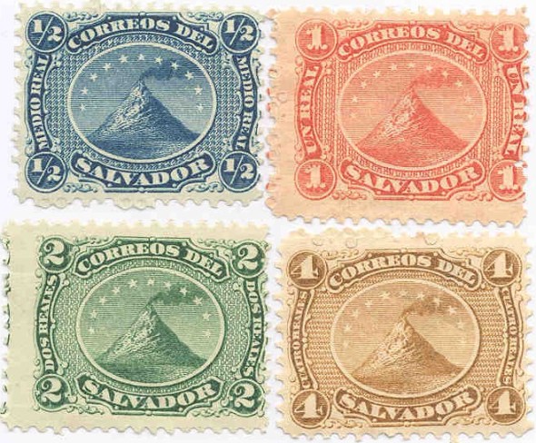 El Salvador postage stamps from the 19th century depicting Izalco volcano