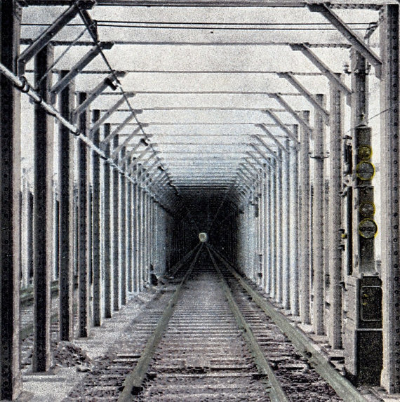 New York subway tunnel_1920s_hand tinted black and white photograph