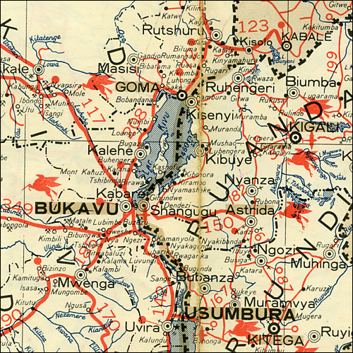 Detail of a map of the east middle part of Democratic Republic of The Congo showing the city of Bukavu on Lake Kivu_sections of Rwanda and Burundi are also shown