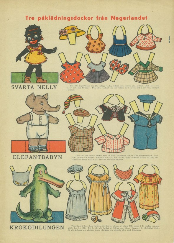 Svarta Nelly_Elefantbabyn_Krokodilungen_Tre påklädningsdockor från Negerlandet_Vintage Black paper doll from a 1935 Swedish newspaper called Allers
