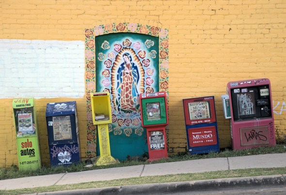 Mural on the side wall of El Milagro tortilla makers (founded in 1950 by Raul Lopez)_East Austin, Texas_photograph by J.C. Shea